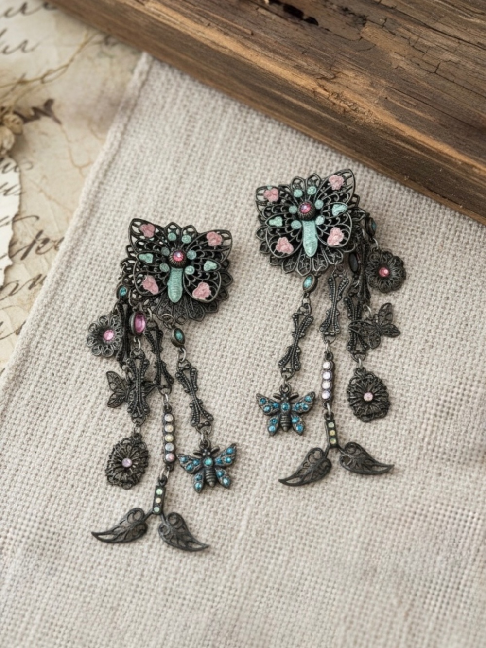 Banana Bob Swarovski Clip Earrings Vintage Filigree Butterfly Charm Dangle